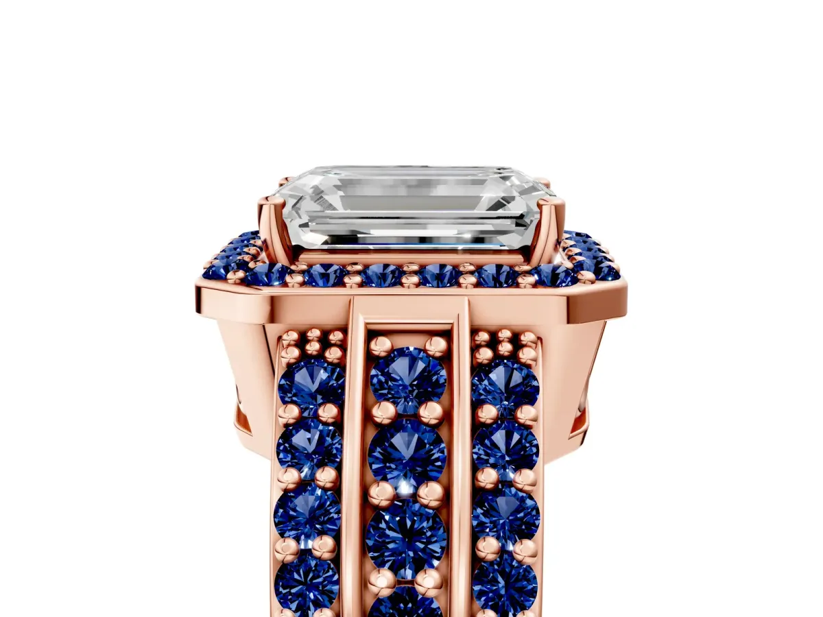 Emerald Cut Halo Diamond Ring with Round Blue Sapphire Split Shank and Prong Setting Rose gold