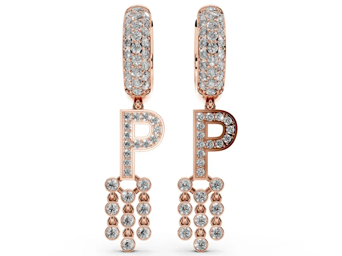 Round Diamond Initial P Huggie Hoop Earrings Rose gold