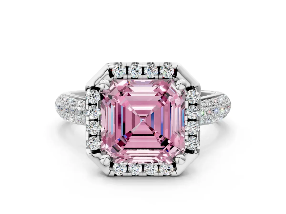 Fancy Pink Asscher Cut Cut Halo Pave Band Four-Prong Setting Ring Platinum