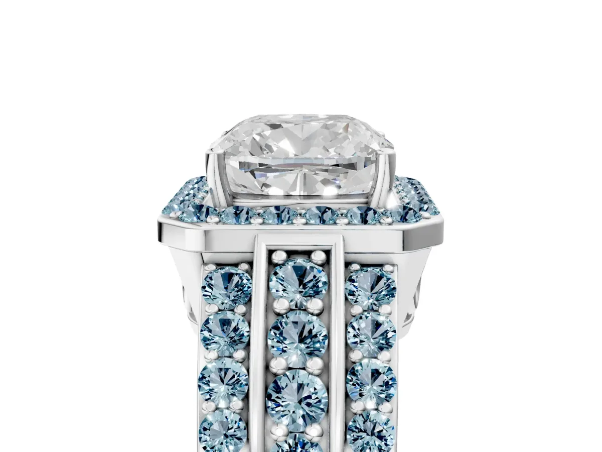 Cushion Cut Halo Diamond Ring with Round Aquamarine Split Shank and Prong Setting Silver