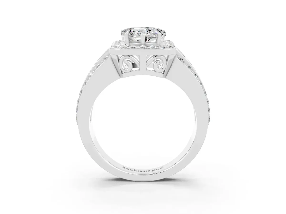 Heart Cut Halo Moissanite Ring with Round Split Shank and Prong Setting Silver