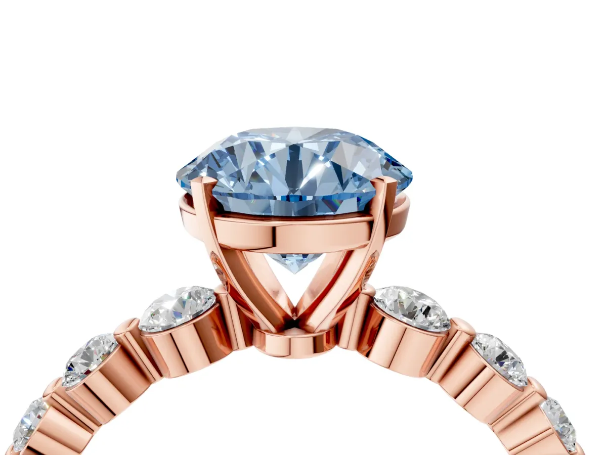 Fancy Blue Round Cut Solitaire Diamond Ring with Pave Band and Four-Prong Setting Rose gold