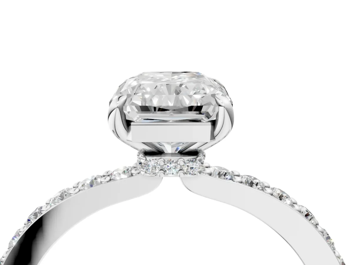 Radiant Cut Diamond Solitaire Engagement Ring with Pavé Band and Four-Prong Setting Silver