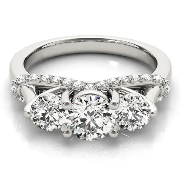 Round Cut Diamond Three-Stone Ring with Prong Setting and Pavé Band Silver