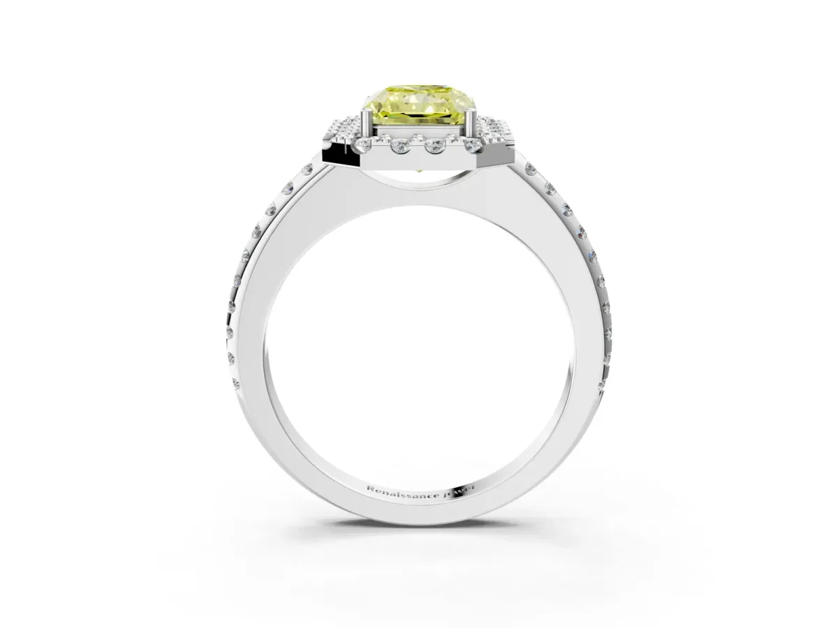 Fancy Yellow Radiant Cut Diamond Pavé Halo Ring with Four-Prong Setting Platinum