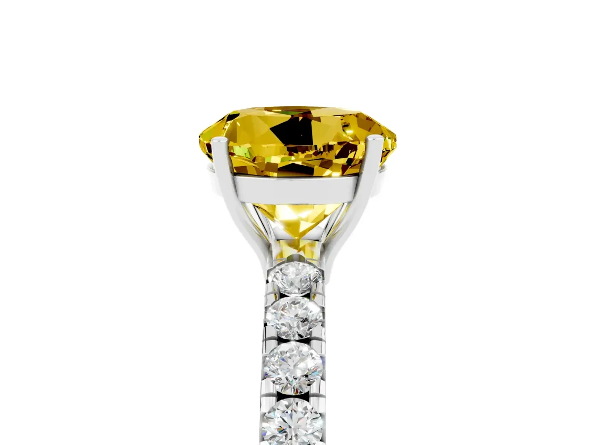 Round Cut Yellow Sapphire Pavé Solitaire Engagement Ring with Four-Prong Setting Silver