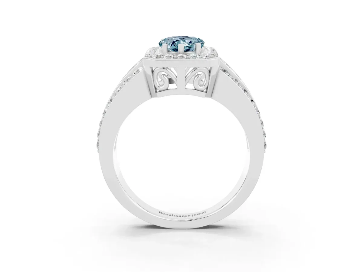 Pear Cut Halo Aquamarine Ring with Round Split Shank and Prong Setting Platinum