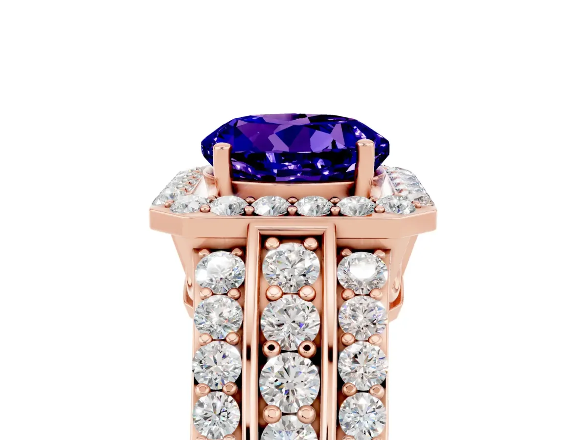 Round Cut Halo Tanzanite Ring with Round Split Shank and Prong Setting Rose gold