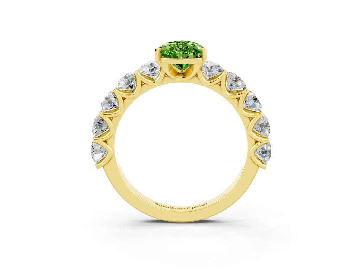 Pear Cut Peridot Prong Setting with Side Stones on a Pave Band Yellow gold