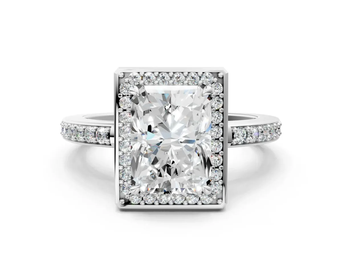 Radiant Cut Halo Pave Band Solitaire Ring with Prong Setting Platinum