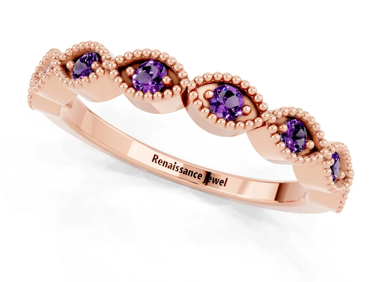 Milgrain Marquise Amethyst Half Eternity Band with Bezel Setting Rose gold