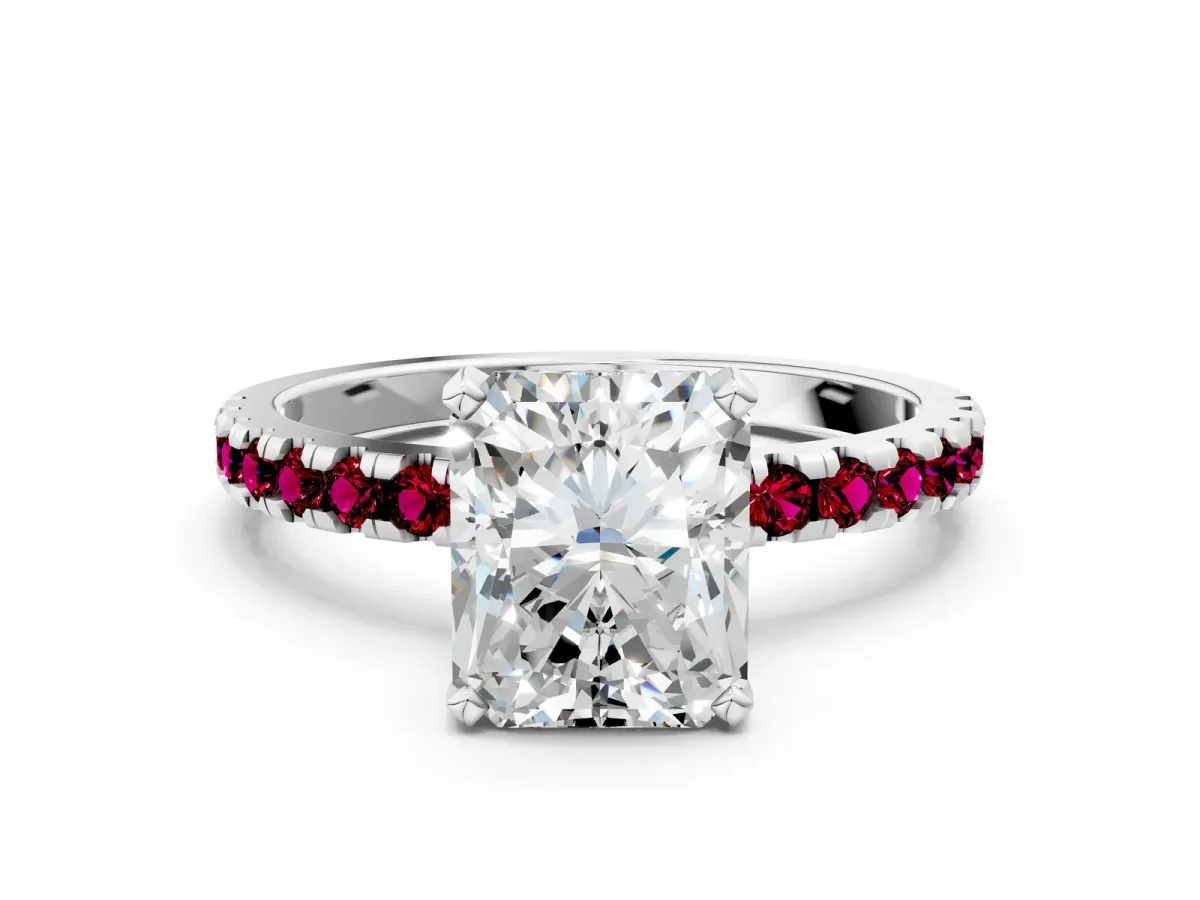 Radiant Cut Diamond Solitaire Ring with Round Garnet Pavé Band and Four-Prong Setting Silver