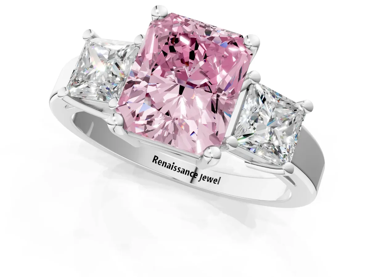 Fancy Pink Three-Stone Radiant Cut Cut Solitaire Ring with Prong Setting Platinum