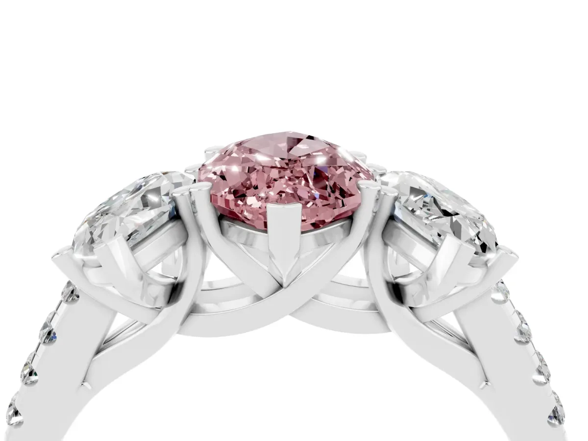 Three-Stone Marquise Cut Morganite Ring with Round Pavé Band and Prong Setting Silver