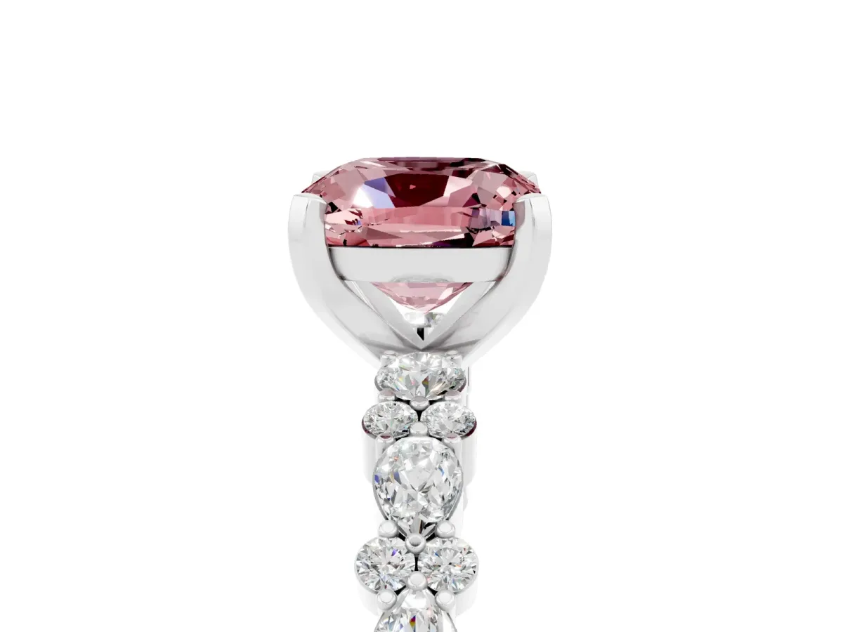 Cushion Cut Morganite Side Stone Solitaire Ring with Round and Four-Prong Setting Platinum