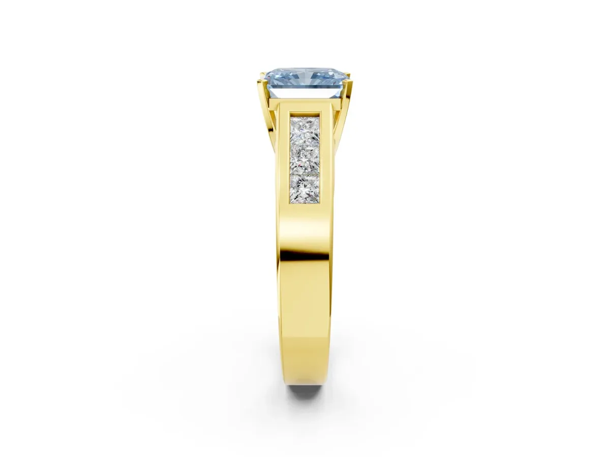 Fancy Blue Radiant Cut Cut Channel Set Solitaire Ring with Four-Prong Setting Yellow gold