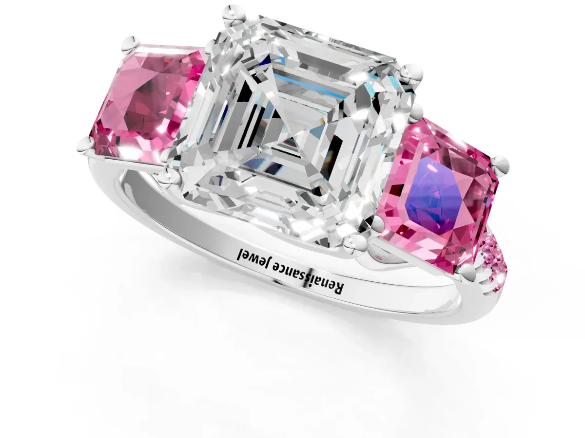 Three-Stone Asscher Cut Diamond Ring with Round Pink Sapphire Pavé Band and Prong Setting Silver