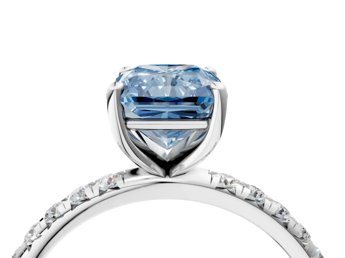Fancy Blue Radiant Cut Cut Diamond Solitaire Ring with Micro Pave Band and Four Prong Setting Platinum