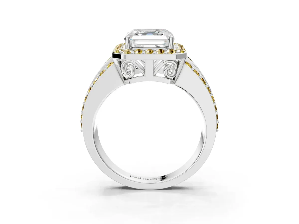 Asscher Cut Halo Diamond Ring with Round Yellow Sapphire Split Shank and Prong Setting Silver