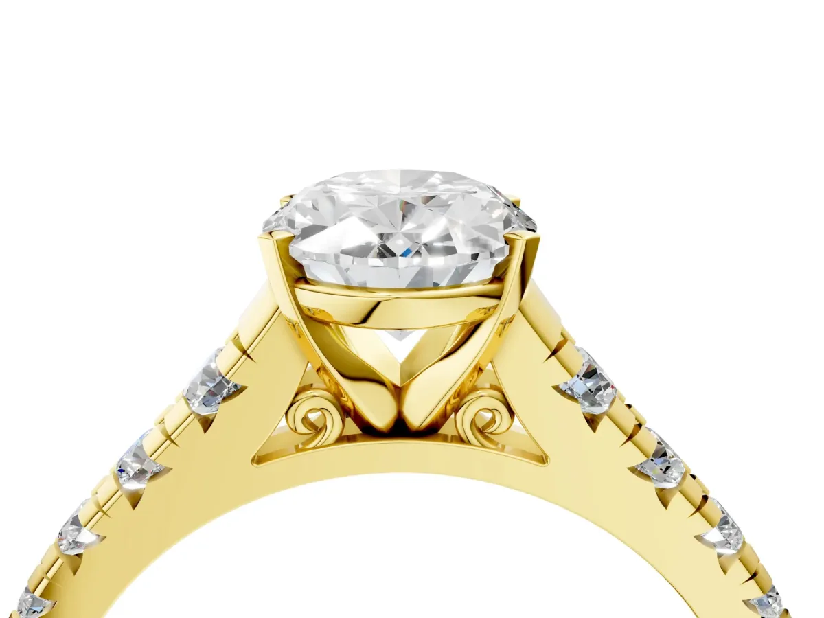 Oval Cut Diamond Cathedral Solitaire Ring with Round Pavé Band Yellow gold