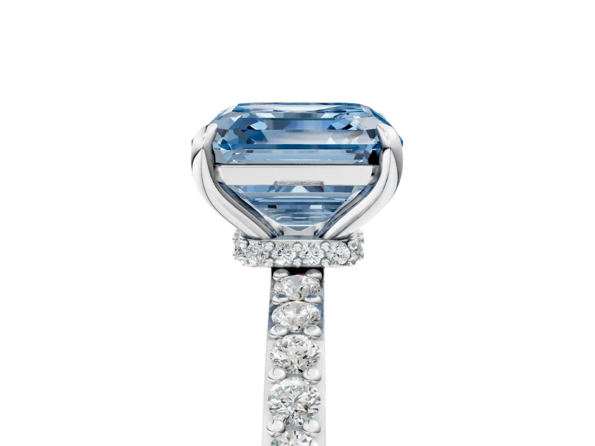 Fancy Blue Asscher Cut Diamond Solitaire Engagement Ring with Pavé Band and Four-Prong Setting Silver