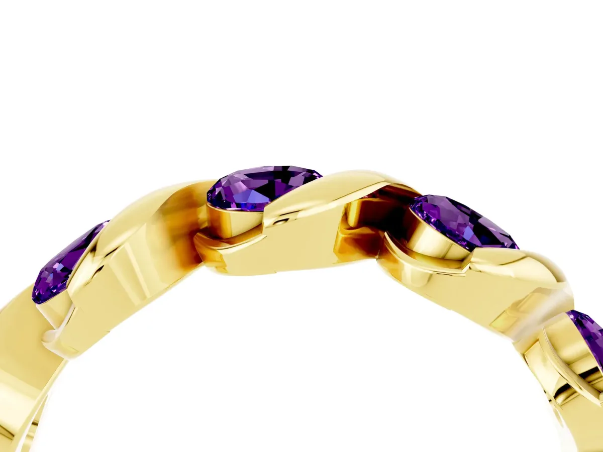 Round Amethyst Wave Band with Channel Setting and Shared Prongs Yellow gold
