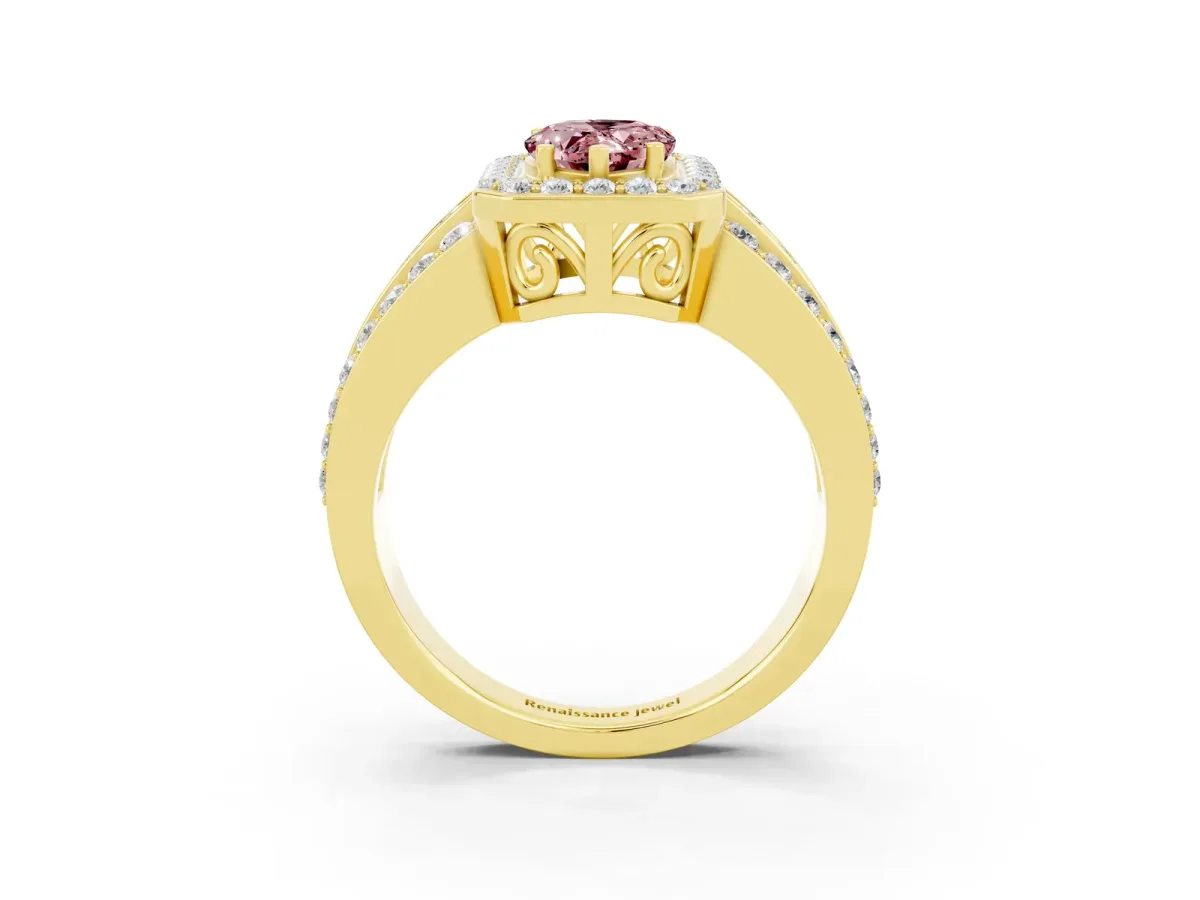 Pear Cut Halo Morganite Ring with Round Split Shank and Prong Setting Yellow gold