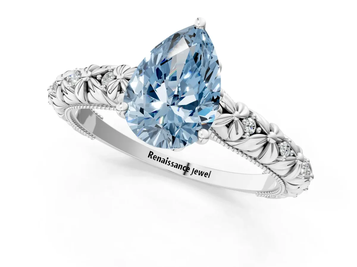 Fancy Blue Pear Cut Solitaire Floral Milgrain Engagement Ring Platinum