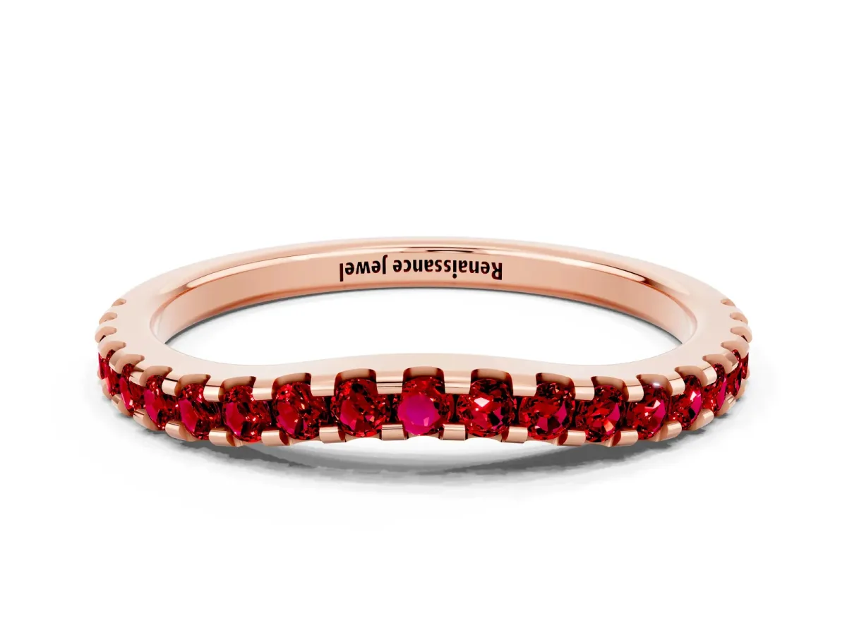 Round Ruby Pavé Curved Wedding Band Rose gold