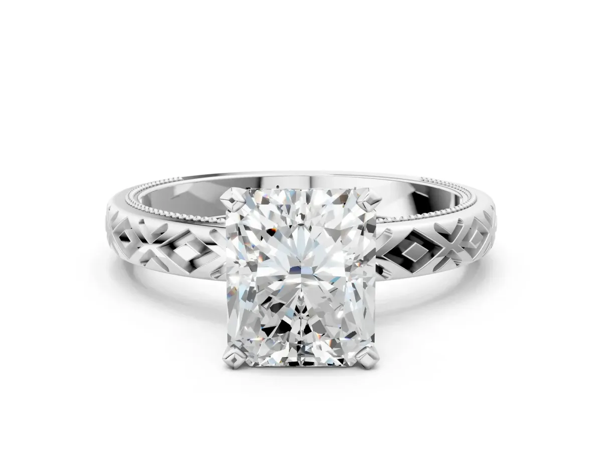 Radiant Cut Solitaire Diamond Ring with Milgrain and Black Enamel X Pattern Band Platinum