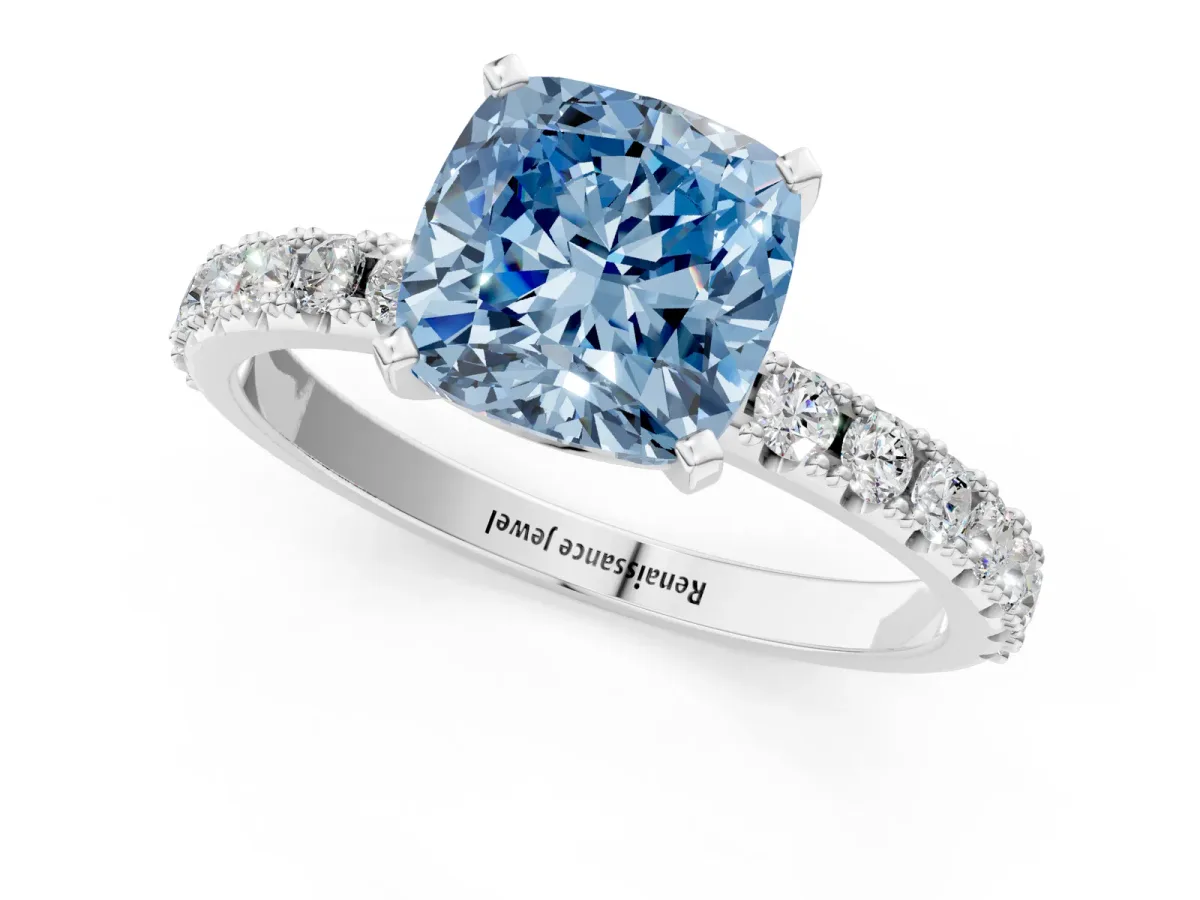 Fancy Blue Cushion Cut Diamond Solitaire Pavé Band with Four-Prong Setting Silver