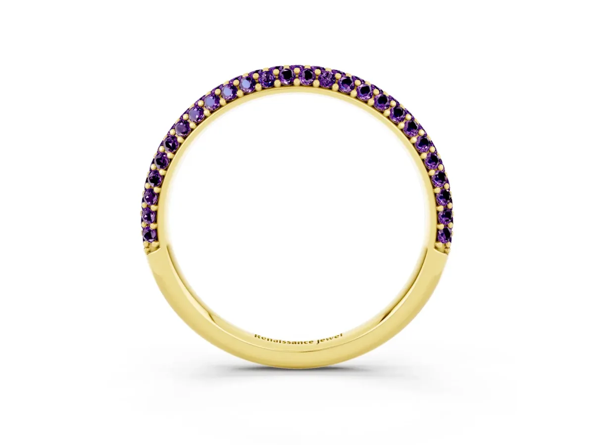 Round Amethyst Pavé Eternity Band with Shared Prong Setting Yellow gold