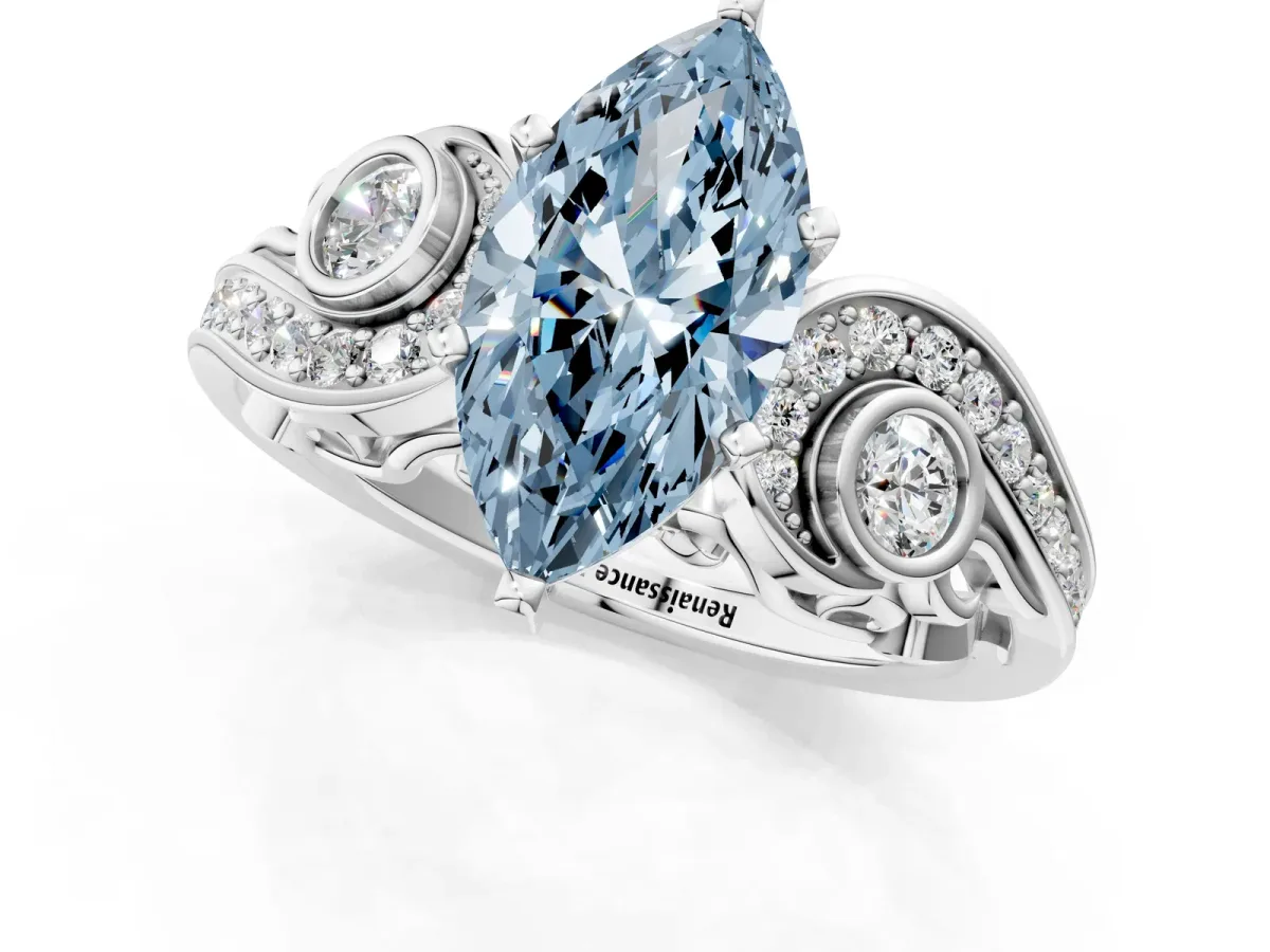 Fancy Blue Marquise Cut Diamond Solitaire Ring with Milgrain Pavé Band and Four-Prong Setting Silver