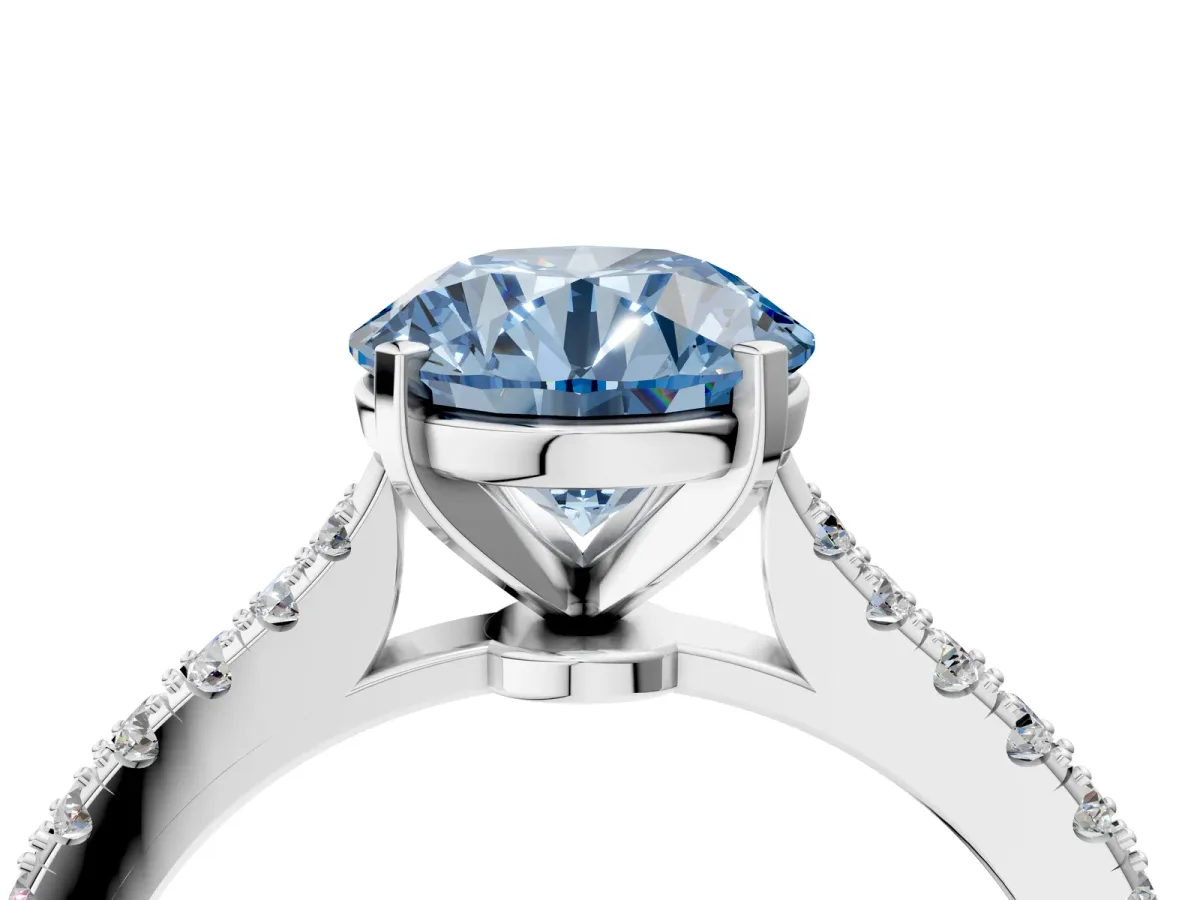 Fancy Blue Asscher Cut Cut Solitaire Diamond Engagement Ring with Pave Band and Four-Prong Setting Silver