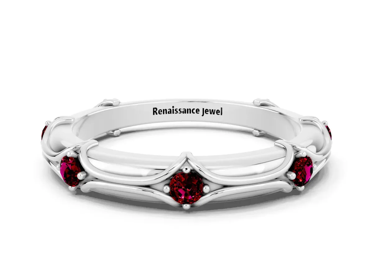 Round Garnet Prong Set Milgrain Eternity Band Platinum