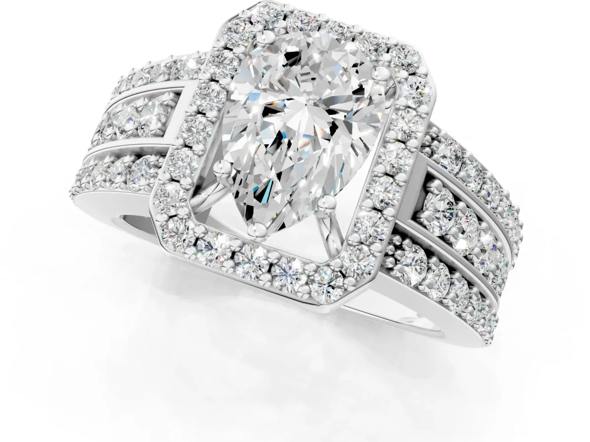 Pear Cut Halo Diamond Ring with Round Moissanite Split Shank and Prong Setting Silver