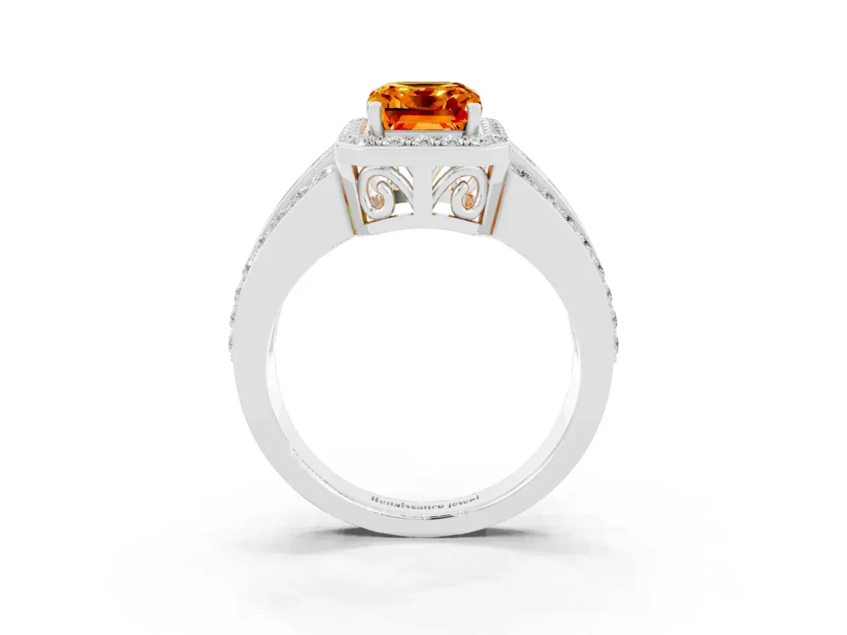 Emerald Cut Halo Citrine Ring with Round Split Shank and Prong Setting Platinum