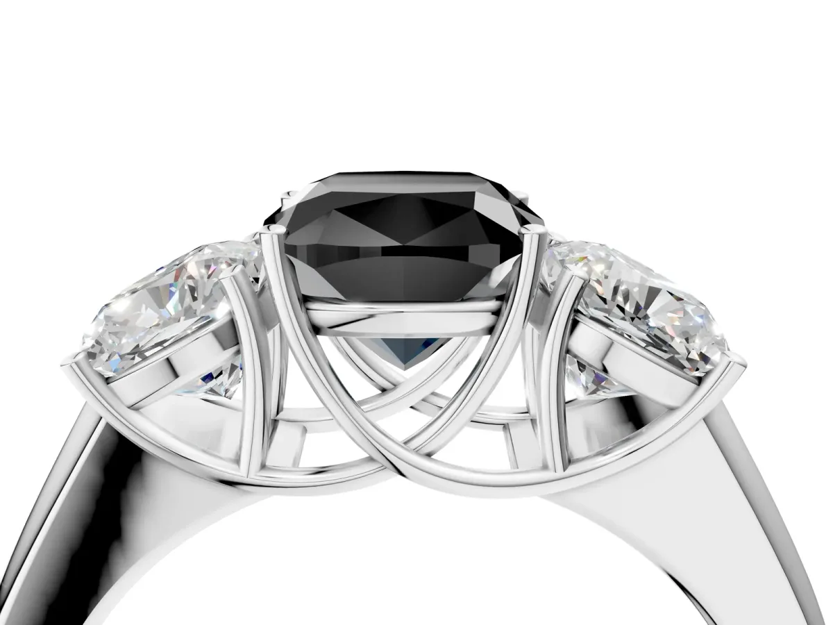 Fancy Black Three-Stone Cushion Cut Cut Diamond Ring with Prong Setting and Classic Band White gold