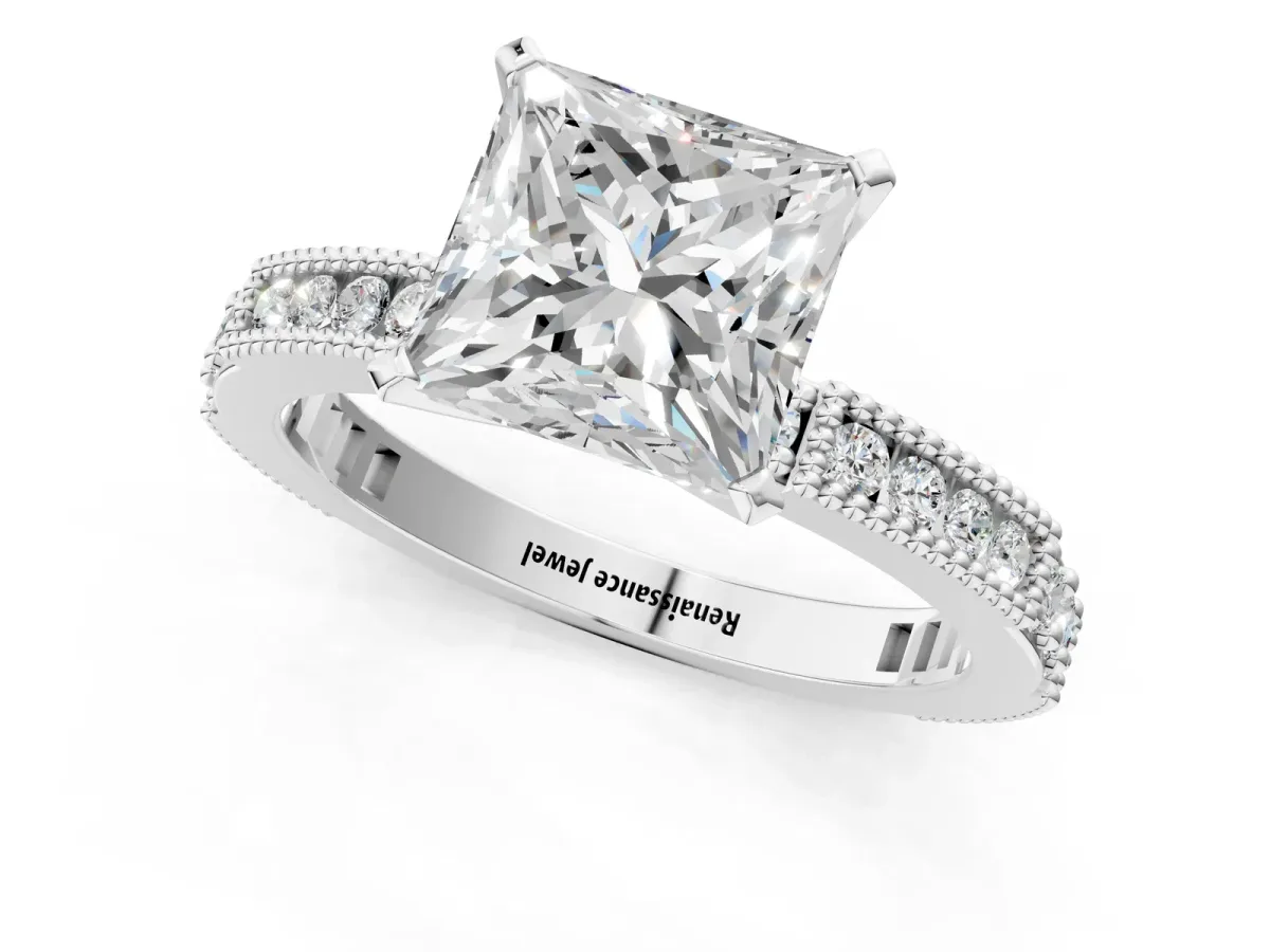 Princess Cut Solitaire with Pavé Band and Four-Prong Setting Silver