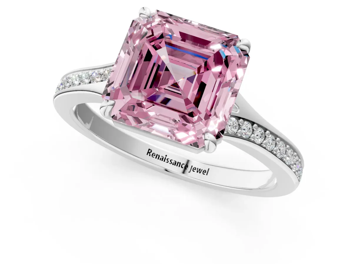 Fancy Pink Asscher Cut Diamond Solitaire Ring with Pavé Band and Prong Setting Platinum