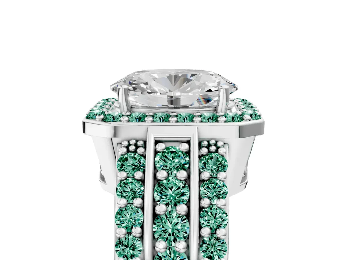 Oval Cut Halo Diamond Ring with Round Green Sapphire Split Shank and Prong Setting Silver
