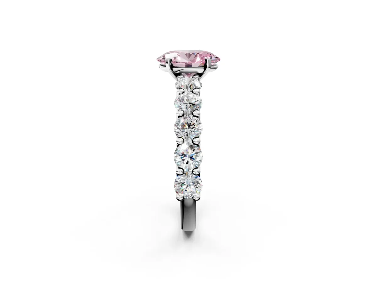 Fancy Pink Oval Cut Diamond Prong Setting with Side Stones on a Pave Band Silver