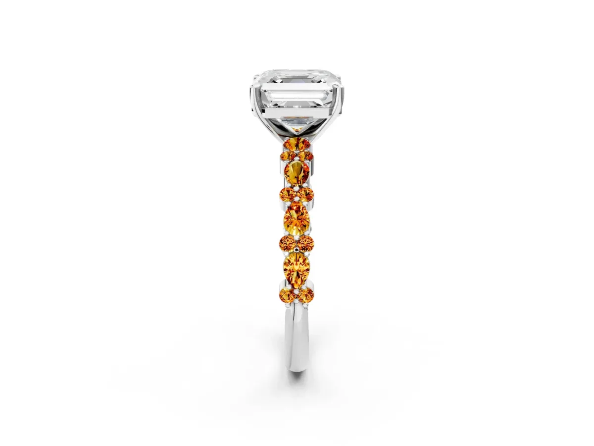 Asscher Cut Diamond Side Stone Solitaire Ring with Round Citrine and Four-Prong Setting Platinum