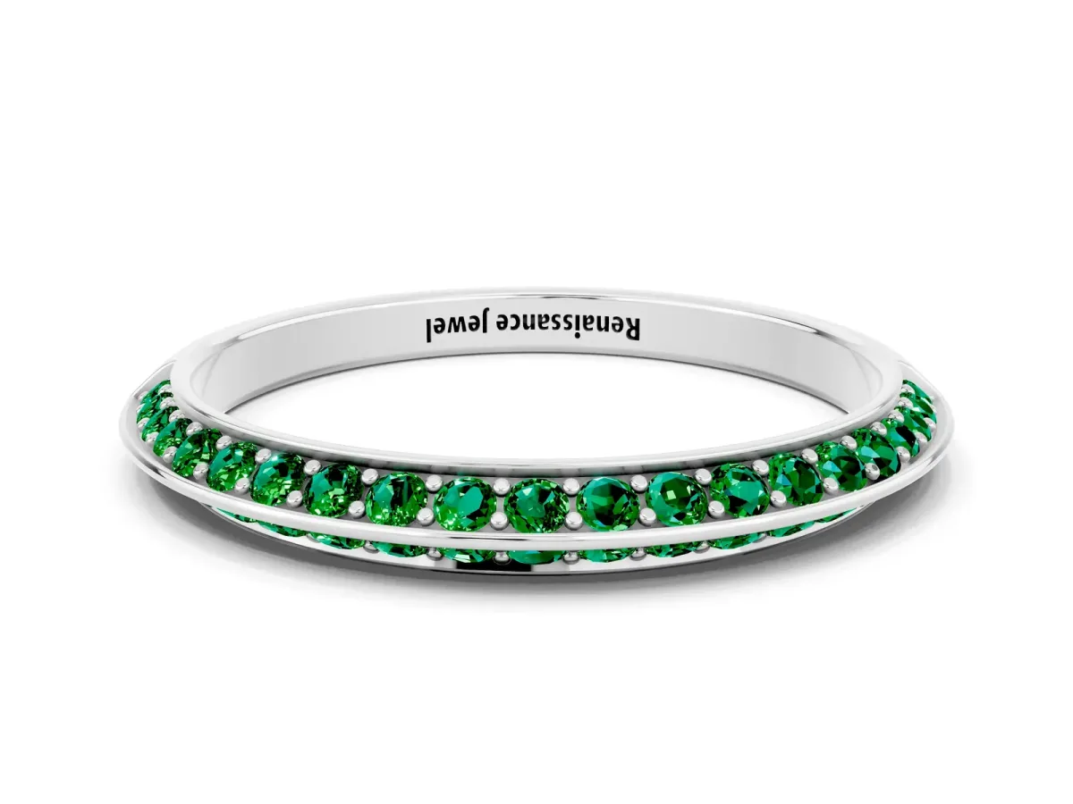 Double Row Pavé Round Emerald Eternity Band with Channel Setting Silver