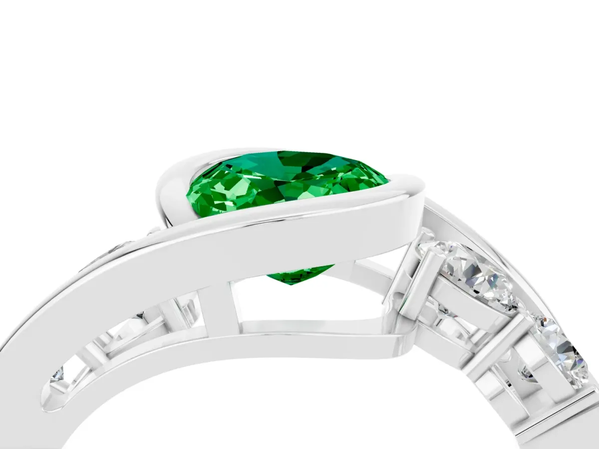 Bezel Set Oval Cut Emerald Bypass Ring with Round Accents Silver