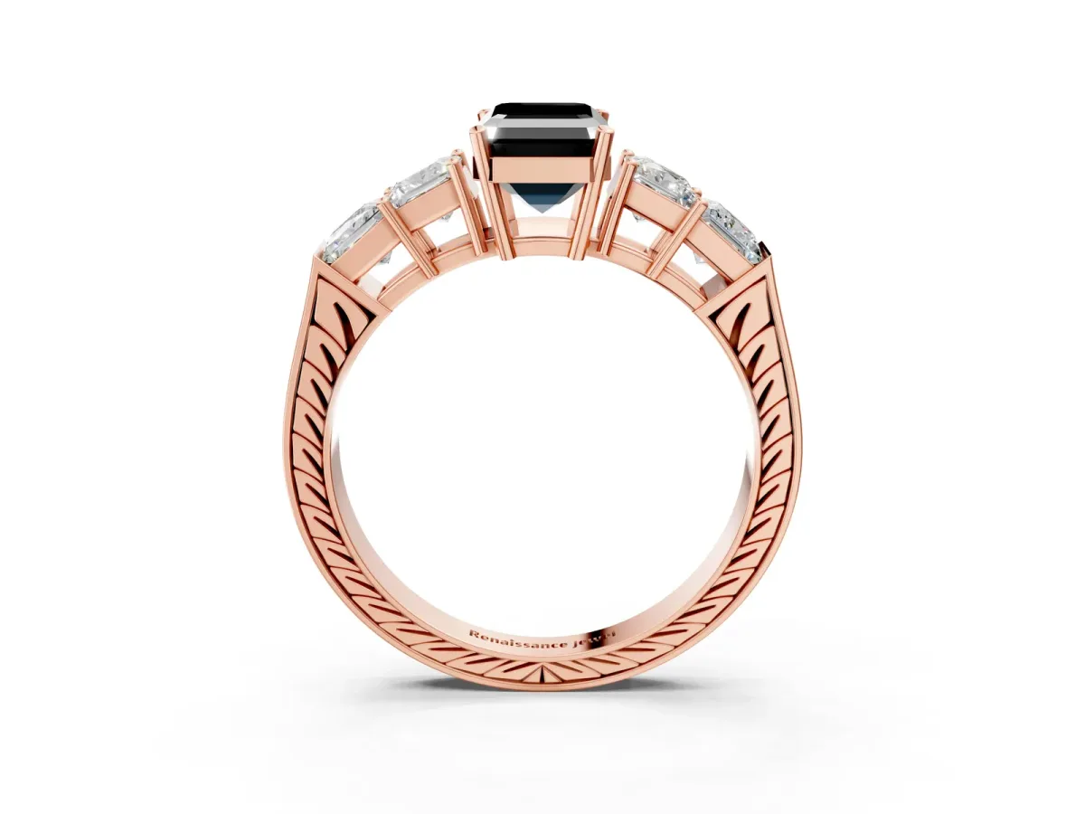 Fancy Black Emerald Cut Solitaire Princess Side Stone Engraved Band Prong Setting Ring Rose gold