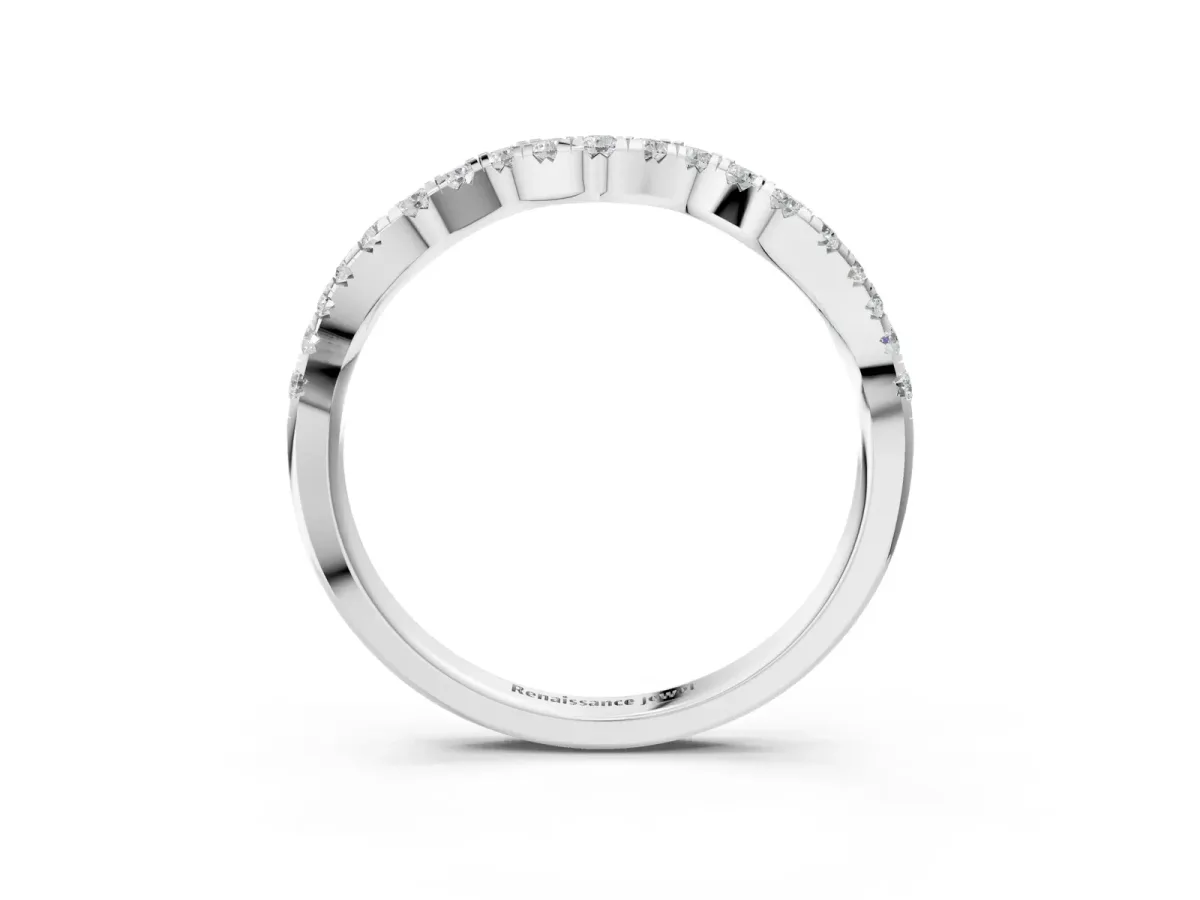 Round Diamond Scalloped Pavé Wedding Band with Shared Prong Setting White gold