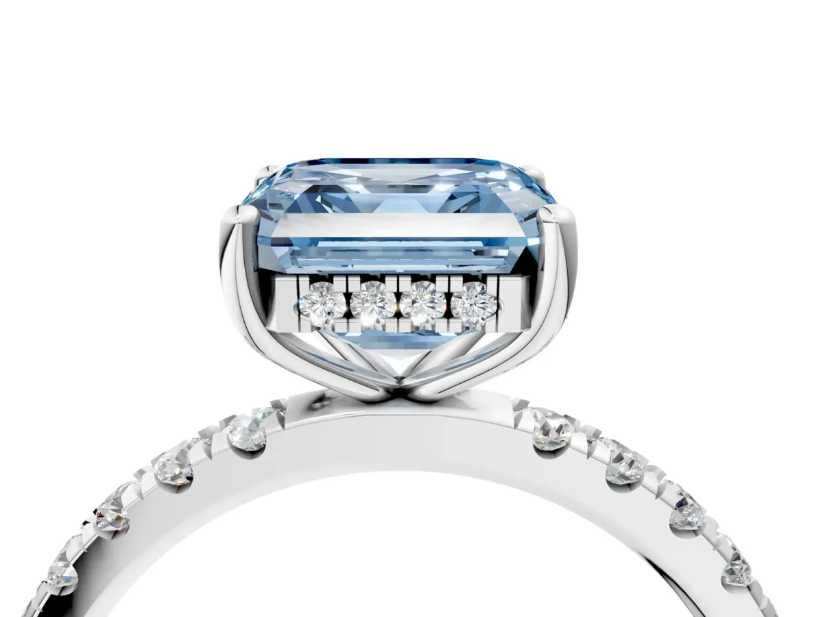 Fancy Blue Asscher Cut Diamond Pave Band Solitaire Ring with Round and Prong Setting Platinum