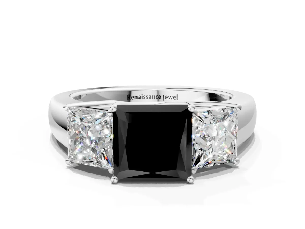 Fancy Black Three-Stone Princess Cut Cut Diamond Ring with Prong Setting and Classic Band White gold