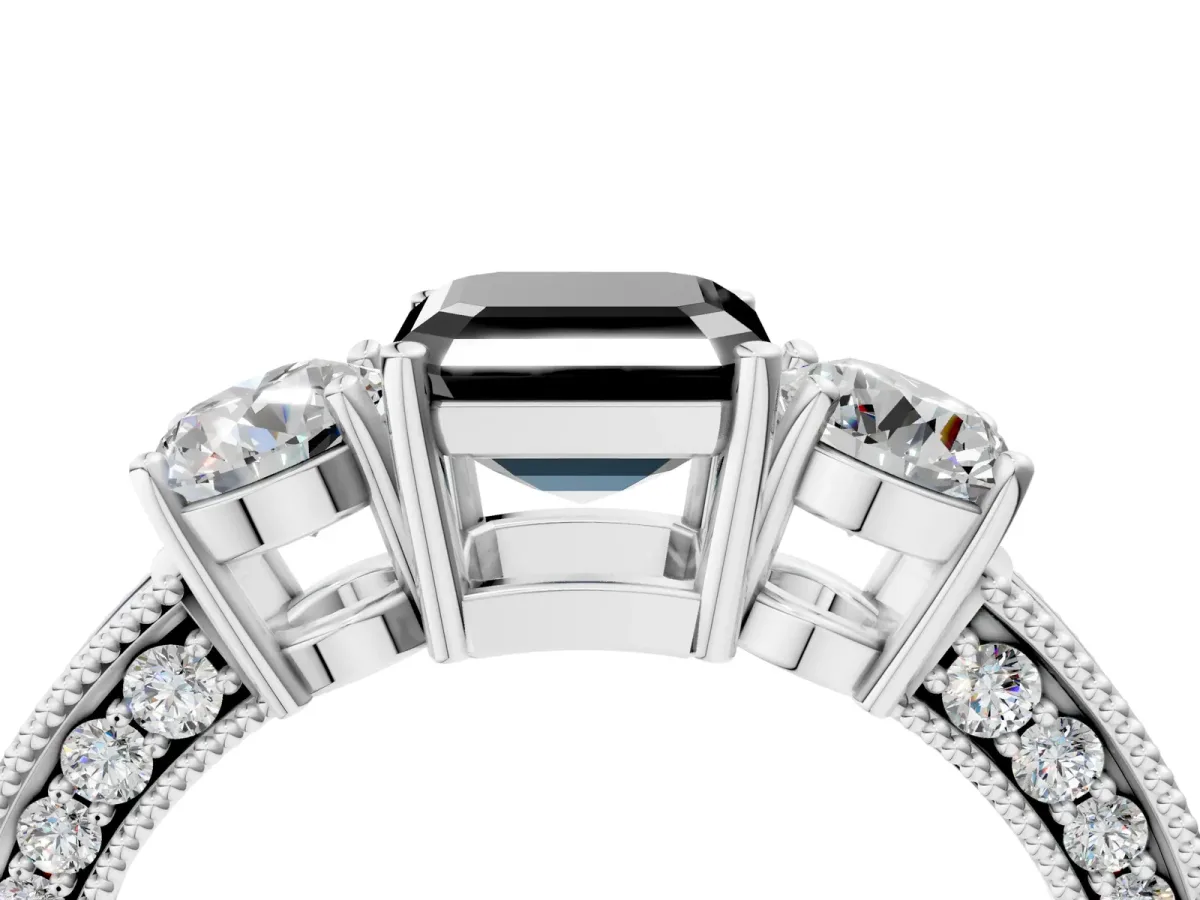 Fancy Black Asscher Cut Three-Stone Diamond Ring with Pavé Band and Four-Prong Setting Platinum